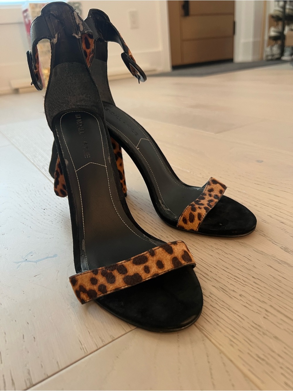 Kendall & Kylie Black Suede Heels with Leopard Print Straps
